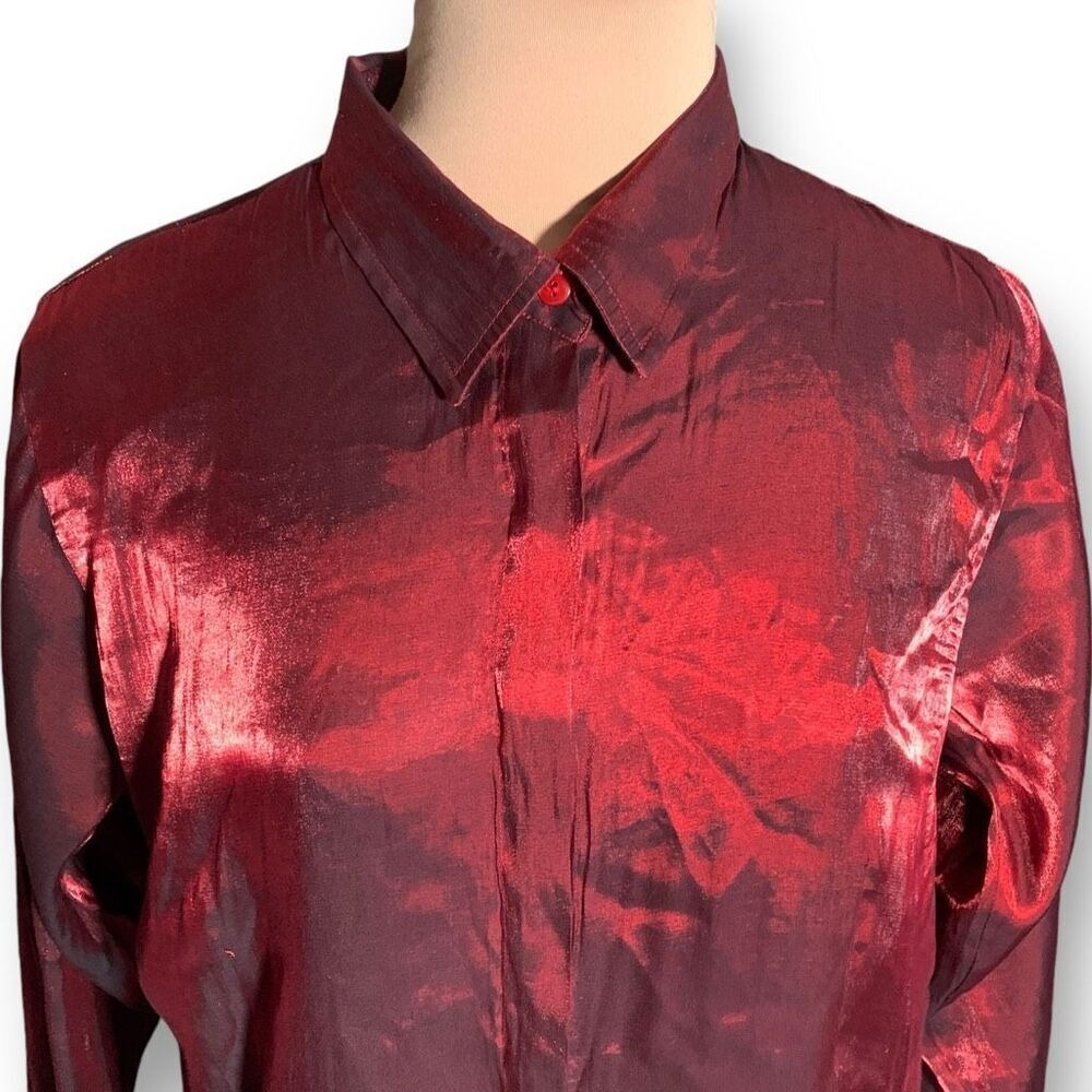 Vintage Metallic Burgundy Red Collared Shirt Plus Size Maximalist Statement Top